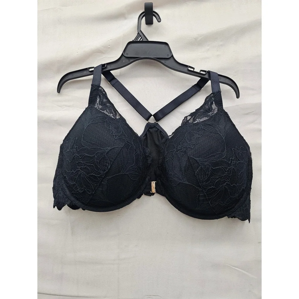 Audacious Womens Lace Front Close Push Up Plunge Bra Black Nylon Casual Size 46D